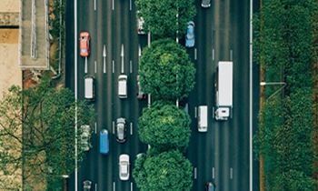 a busy road with many cars - birds eye view